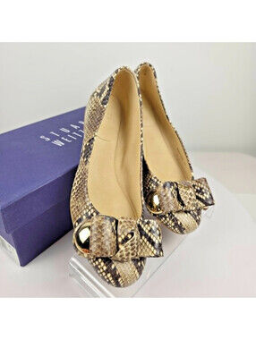 Stuart Weitzman Rocser Snake Print Ballet Flats with Bow and Gold Accent
